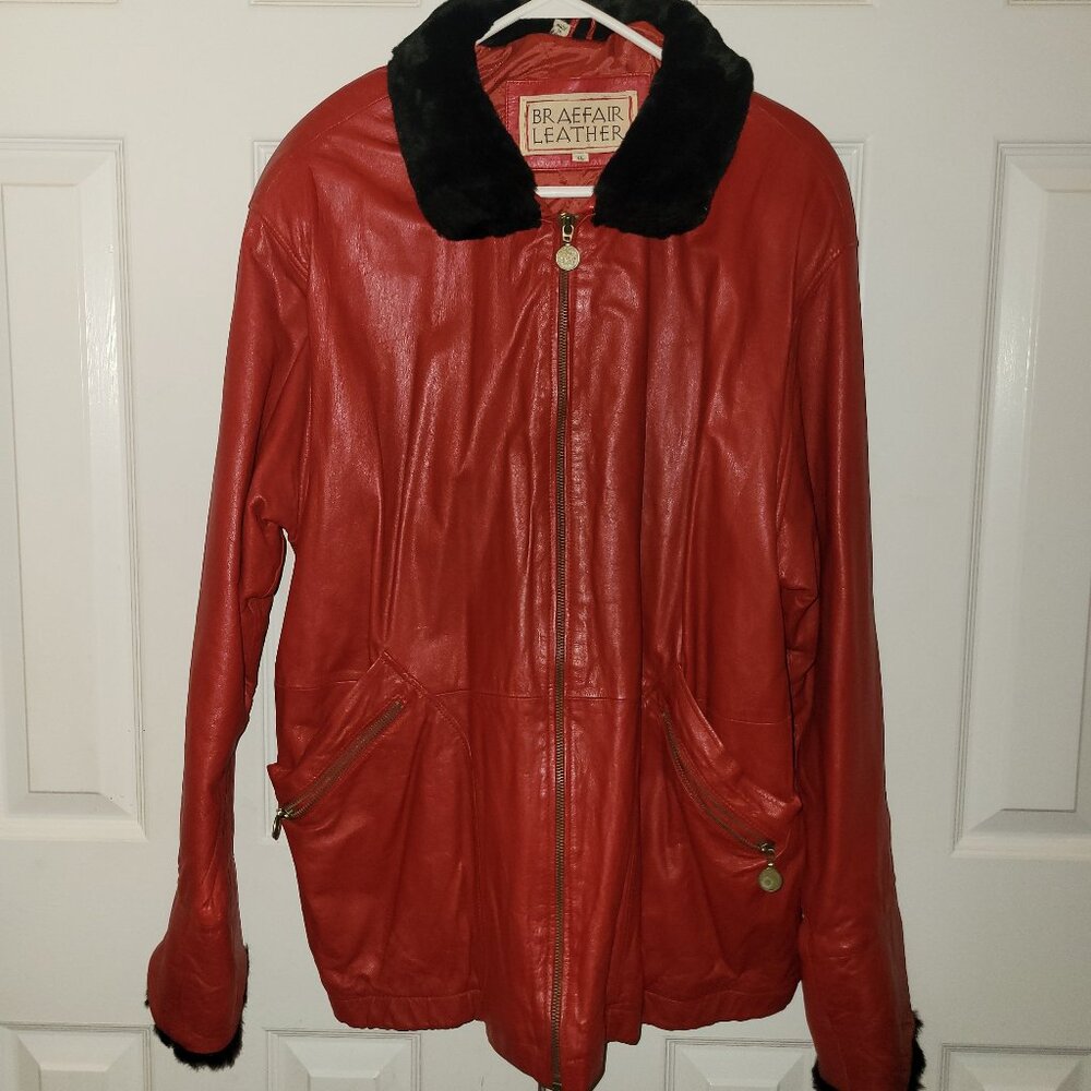 Braefair Red Genuine Leather Jacket with Fur Neck. Size XL